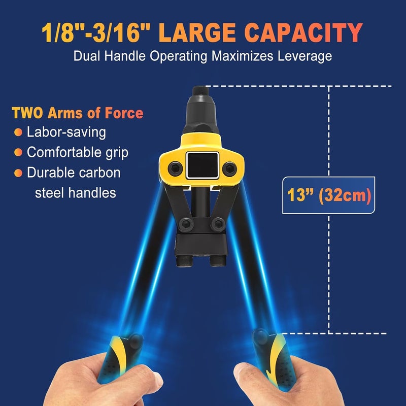 Labfintom 13" Rivet Gun, Rivet Gun Kit with 5 Pcs Rivets, 3 Nosepieces Manual Hand Pop Rivet Gun(1/8", 5/32", 3/16"), Heavy Duty Rivet Tool for Metal, Aluminum, Stainless Steel - Image 3